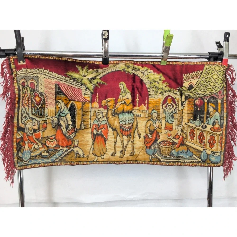 Vintage Italian Velvet Tapestry 41x19 Made In Italy Street Market Scene Camel